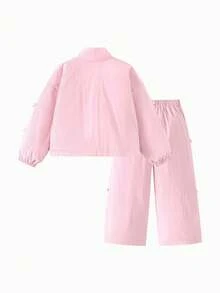 mini bala Girls Cute Bow Two Pieces Set Loose Top And Pants Soft Comfortable Stylish - Pink - View 5