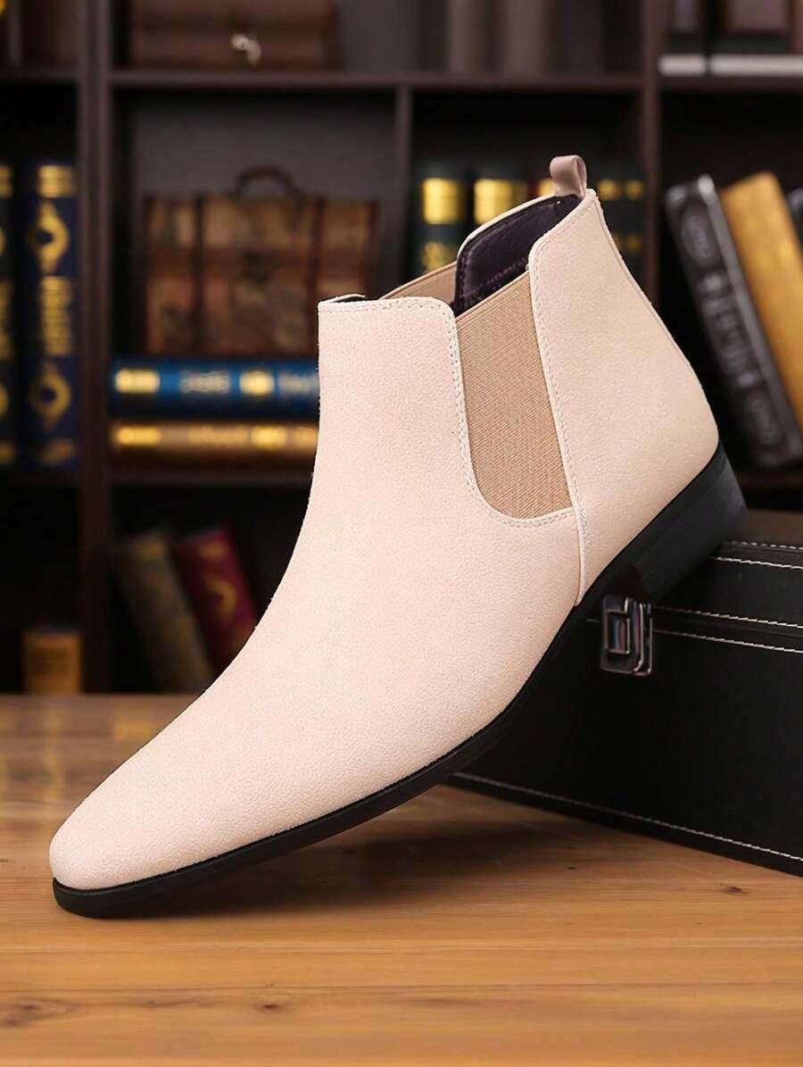 Men's Suede Pointed Toe Chelsea Boots, Elastic Side Panels Low Heel Business Casual Formal Ankle Boots For Men Office Wedding Daily Commute Wear - 米色 - 查看 1
