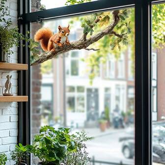 1ชิ้น สติกเกอร์ติดหน้าต่างรูปกระรอกบนกิ่งไม้สมจริง สติกเกอร์ลอกออกได้แบบมีกาวในตัว เหมาะสำหรับบ้าน ห้องครัว ร้านกาแฟ