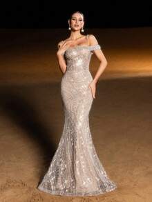Faeriesty Haute Glamour Luxe Beaded Sequin Mermaid Evening Gown With Off-Shoulder Thin Straps – Intricate Flowing Wave Beadwork On Bodice & Skirt, Form-Fitting Silhouette & Dramatic Mermaid Flared Skirt For Galas, Weddings, Proms & High-End Evening Parties