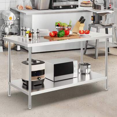 Stainless Steel Prep Table, 30 X 60 X 34 Inch, Heavy Duty Metal Worktable With 3 Adjustable Height Levels, Commercial Workstation For Kitchen Garage Restaurant Backyard