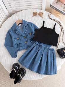 3 PiecesYoung Girl Fashion Casual Denim Jacket, Black Camisole Top, And Pleated Denim Mini Skirt Set, Suitable For Daily, Outdoor, School, And Vacation