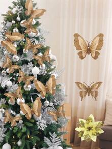 2 piezas Adornos de mariposa con purpurina en forma de árbol de Navidad, decoraciones navideñas de mariposa de tela dorada, mariposa 3D hueca simulada con clips, decoración colgante de pared de mariposa pastel de Navidad para árbol de Navidad, corona, accesorios para el cabello, decoraciones colgantes del árbol de Navidad, decoración de guirnalda, adecuado para fiesta de boda, manualidades navideñas, decoración del hogar, tocados, accesorios de fotografía y decoración del hogar