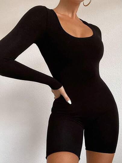 New Solid Color Ribbed U-Neck Long Sleeve Slim Fit Butt-Lifting Jumpsuit