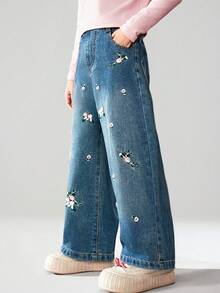 ASK JUNIOR Tween Girls' Casual Embroidered Floral Wide Leg Jeans - Dark Wash - View 4