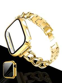 1pc Gold Hollow Chain Bracelet Wristband Metal Band & Gold Protective Case With Screen Protector For Apple Watch Ultra 3/2/1, SE, S10-S1, 38mm/40mm/41mm/42mm/44mm/45mm/46mm/49mm, Suitable For Men And Women, Elegant Gift