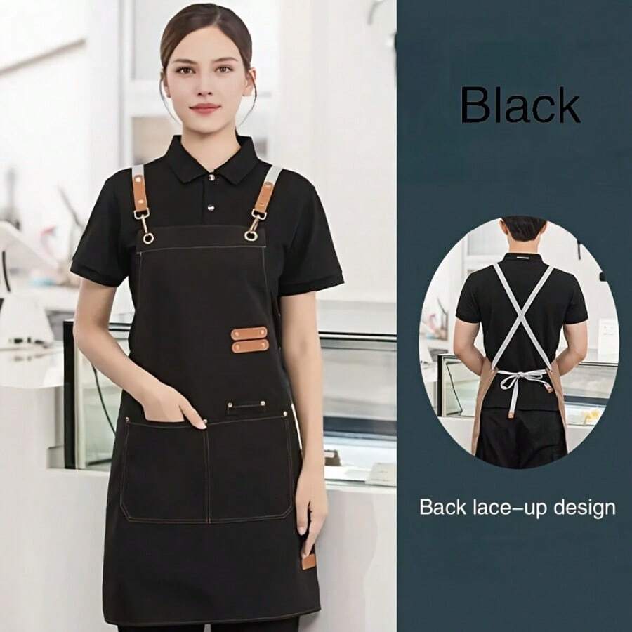 [Durable Apron] Multi-Pocket Apron | 1pc | Polyester Blend | Adjustable Strap | Coffee Bars, Restaurants | Stylish Workwear | Durable - màu đen - Xem 1