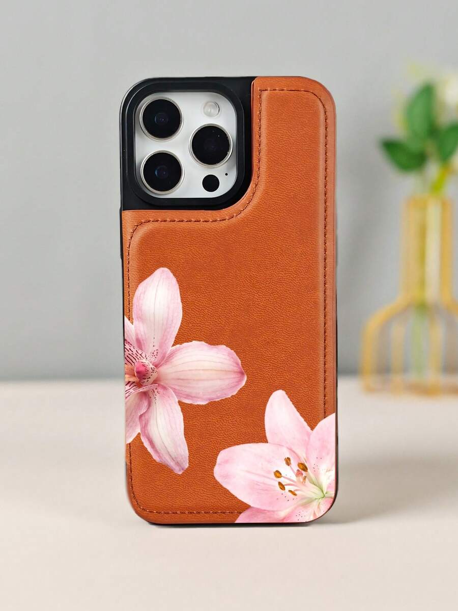 GALLAPLE Pink Lily Floral Design Stylish Wallet-Style Mobile Phone Case, Chic Protective Cover, Shockproof And Drop-Proof Case, Phone Case Comes With A Magnetic Slot Holder, Making It More Convenient To Store ID Cards, For IPhone 16Promax 16 15 14 13 12 Plus Pro S25Ultra 25 24 23 22 Plus Case - 棕色 - 查看 1