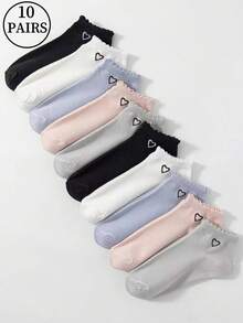 1/10 Pairs Women Solid Color Heart Lace Trim Ankle Socks - Multicolor - View 4