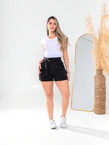 Women's Shorts Simple With Pocket And Fabric Belt, Zipper Holiday And Beach S780 - 黑色 - 查看 5