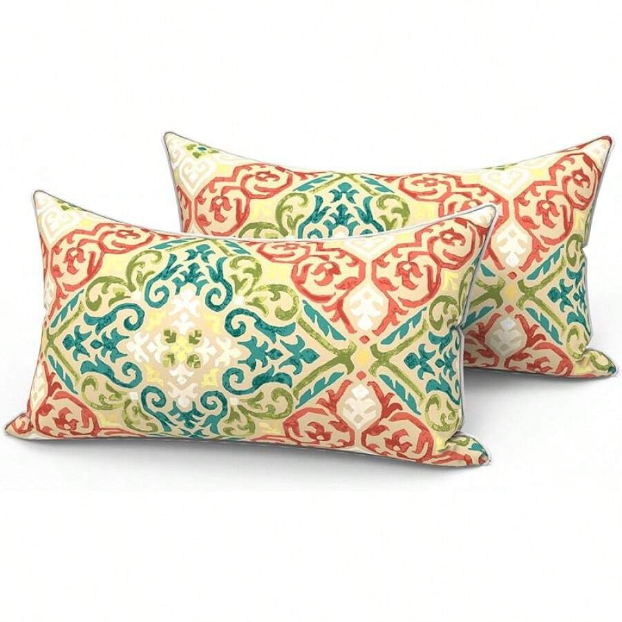 Outdoor/Indoor Throw Pillows, 18x18 Square Pillows With Inserts Bed, Couch, Sofa & Patio Furniture (Set Of 2, Monstera Blue), Decorative Pillows - 幾何橙色 - 查看 1