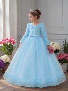 优雅花卉蕾丝网纱长袖女童连衣裙，不含头饰