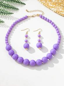 3pcs/Set Fashionable & Elegant Colorful Beaded Necklace & Earrings Set, Suitable For Women's Daily, Vacation, Party Outfits - Purple - View 6
