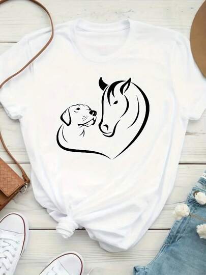 Playera casual con estampado creativo de perros y caballos, cuello redondo, mangas cortas y ligero estiramiento, playera deportiva para mujer con gráficos