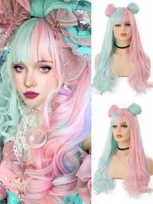24 Inch Candy Color Block Long Curly Lolita Wig Double Bun Detachable Fluffy Lolita Cosplay Synthetic Heat Resistant Fiber Wig Suitable For Women Christmas Halloween Cosplay
