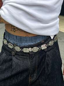 1pc Retro Floral Pattern Waist Chain, Punk Personalized Metal Waist Belt For Men, High-End Suitable For Party, Streetwear, Daily Wear (Random Waist Chain Pendant)