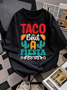 Camiseta gráfica para mujer Taco Bout A Fiesta, con un lindo estampado de cactus y sombrero de paja, una blusa informal de manga corta y cuello redondo, y un divertido atuendo para celebrar el Cinco de Mayo. Talla extragrande. - Negro - Ver 2