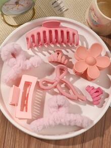 DAZY 8 件套柔软桃红色极简主义发饰组合 - 花朵、爪夹、发夹、发圈、刘海夹、马尾夹，适合日常佩戴，秋冬季秋季发夹冬季发夹时尚发夹优雅发夹，适合度假装扮女士 - 彩色 - 查看 6