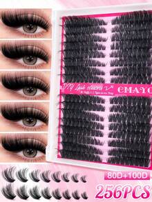 256/160 Stücke D-Curl Flauschige Katzenaugen Wimpern, Dicke 80D+100D Büschel Künstliche Wimpern, Linkshänder DIY Wimpern, Natürlich & Langlebig, Wasserfest, Wiederverwendbar, Geeignet für Anfänger, Alltag, Party, Reisen, Musikfestival - Schwarz - Übersicht 11