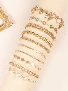 10 件/套优雅铜合金方晶锆石蝴蝶、心形、爱心和星星吊饰手链套装，适合女性日常佩戴