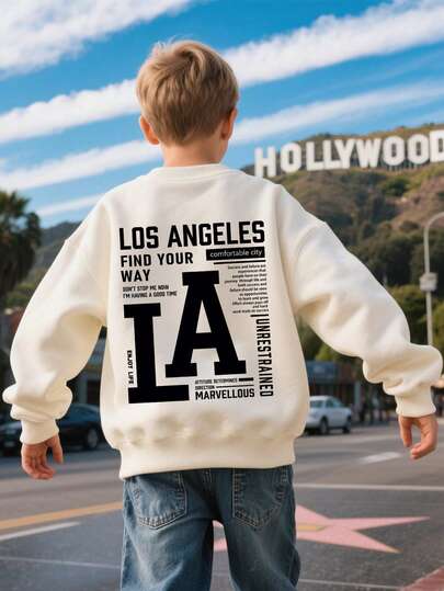 1 Boy's Long Sleeved Round Neck Pullover With "LOS ANGELES" Text Print Pattern, Providing A Comfortable, Fashionable, And Casual Autumn And Winter New Top For Young Boys/Tween Boys/Teen Boys