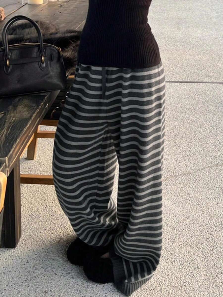 Pantalones anchos de pierna ancha de bloque de color clásico extremadamente relajados, pantalones maxi vintage gruesos y cálidos (patrón de rayas aleatorio) Primavera - Gris Oscuro - Ver 1