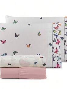Printed Bed Sheet Set 4 Pieces 100% COTTON Single Double Queen King Palito Stitch - 白蝴蝶 - 查看 4