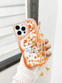 Cream Textured Wavy Edge Gloss Oil Letter Slogan Maple Leaf Painted Anti-Drop Phone Case With Handmade Beaded Bracelet, Compatible With IPhone 17pro/17Air /17/17promax16/11/16pro/16plus/16promax/16e/15Promax/13/14/12/XS/XR/7G/8P, Galaxy S25/S25PLUS/S25 Ultra/A16/A36/A26/A56/A50/A12/A32, 11/12Pro/12/12X/13Pro/14Pro/15Pro/, Redmi 10/9/Note9/12c/Note11pro/Note8Pro