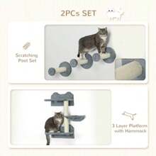 4 Piece Shelf With Scratching Post, Wall - Mounted Tree Indoor - - Grey + Fabric - View 5