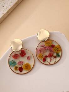 1 对自然主义树脂干花装饰夸张圆形吊坠耳环，适合日常佩戴、度假和礼物，天然干花可能与图片略有不同 - 彩色 - 查看 1