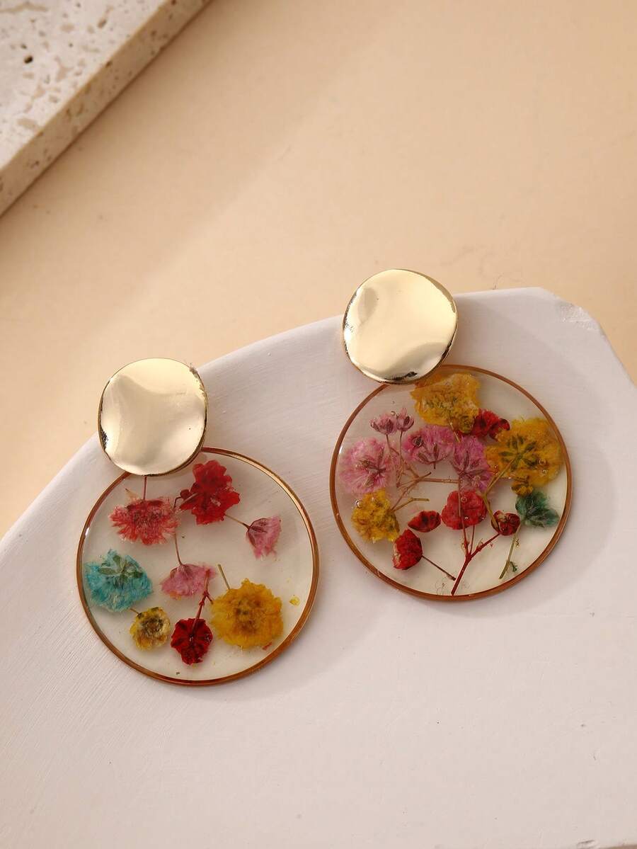 1 对自然主义树脂干花装饰夸张圆形吊坠耳环，适合日常佩戴、度假和礼物，天然干花可能与图片略有不同 - 彩色 - 查看 1