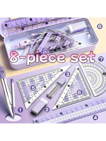 Set de 8 piezas de herramientas de dibujo para estudiantes, diseño de planos, oficina, herramientas de dibujo estándar para exámenes, material de PP, suministros de arte matemático y geométrico, que incluye compás, borrador, regla, escuadra, transportador, regla recta, sacapuntas, ideal para la escuela, estudiantes, regalo de vacaciones y regreso a clases, material de aprendizaje