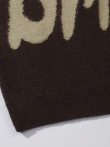 男士休闲拼接 Polo 领套头毛衣，宽松学院风，春秋季长袖上衣 - 棕色 - 查看 5