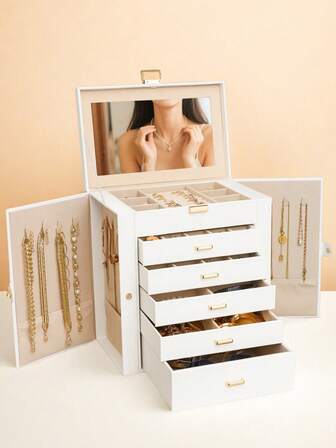 BOOVO Joyero para damas de 6 niveles con gran capacidad de almacenamiento, diseño de doble puerta equipado con ganchos para collares y espejo de maquillaje, adecuado para almacenar y organizar diversos artículos de joyería, forro de terciopelo suave, caja de almacenamiento de cuero artificial duradero