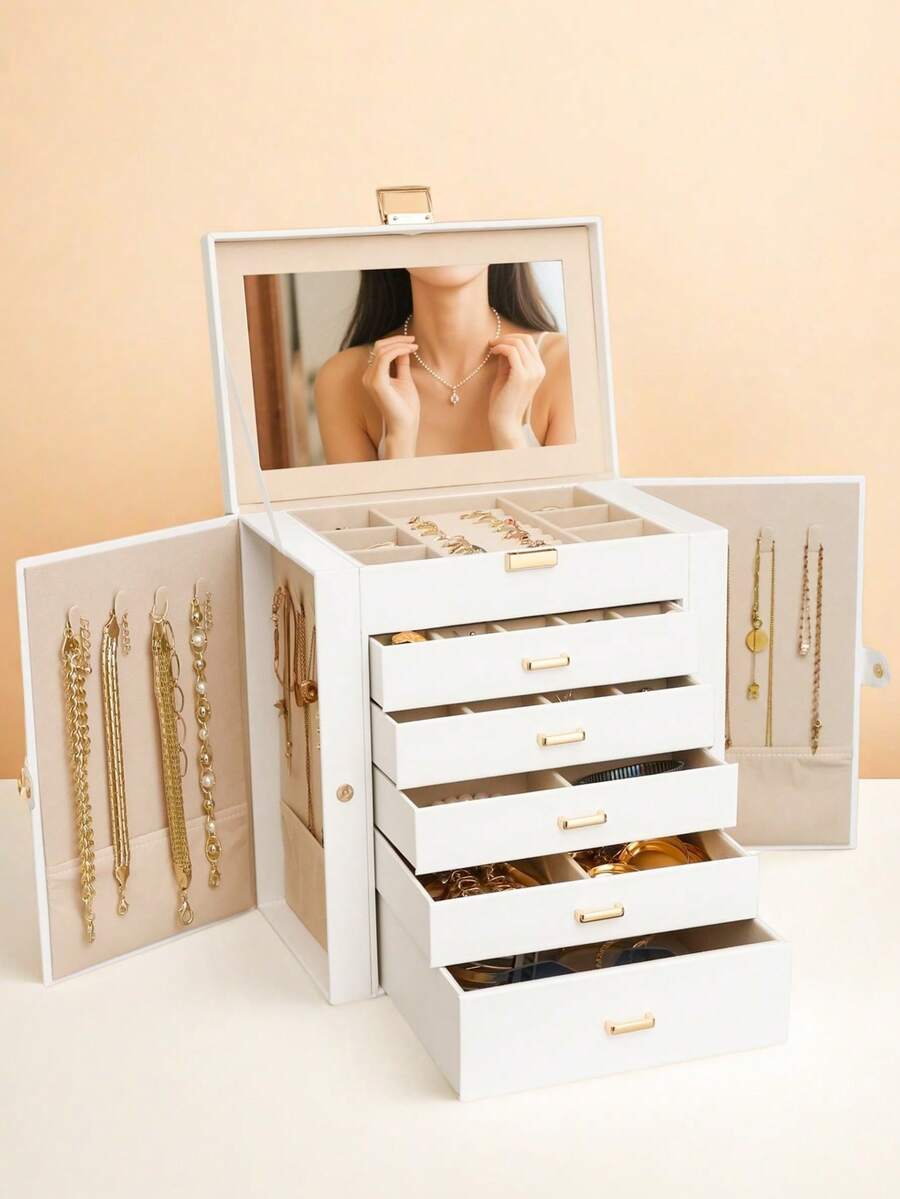 BOOVO 6-Layer Large Capacity Jewelry Box For Women, Dual-Door Design With Necklace Hooks And Makeup Mirror, Soft Velvet Lining, Durable Faux Leather Material For Jewelry Organization And Storage