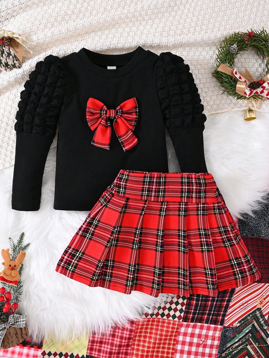 مجموعة تنورة مربعات ولباس علوي كروشيه بأكمام منتفخة وياقة طاقم، أكمام طويلة للربيع/الخريف، قطعتان/مجموعة - الأسود - مشاهدة 1