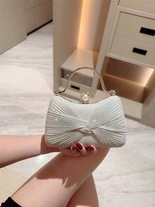 1pc Glittery Bow Design Mini Box Clutch Bag, Elegant Luxury Rhinestone Decor Evening Dress Purse, Charming Party Handbag, Glamorous Ladies' Clutch For Formal Events, Suitable As Holiday Gift, Comes With Detachable Shoulder Chain - Silver - View 9