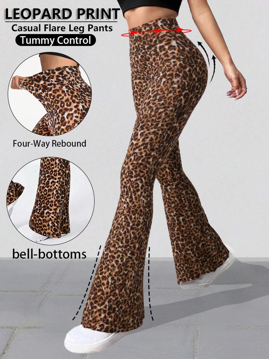 Women Leopard Pattern Slim Fit Flared Pants High Waist Seamless Wide Leg Leopard Print Sports Trousers Gym Yoga Lift Buttocks Exercise Leggings Breathable Comfort Suitable For Daily Leisure Activities Such As Dancing And Yoga Four Seasons Daily Women's Clothing