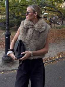 Gilet smanicato da donna invernale alla moda, con collo a bavero, in finta pelliccia, vintage, caldo e slim - Castano - Visualizzare 5