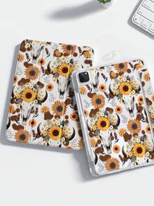 Una bellissima e carina custodia protettiva in acrilico trasparente con cristalli, dipinta a doppia faccia con un motivo floreale a girasole e testa di toro, antiurto, adatta per iPad di 7a, 8a e 10a generazione (10,2 pollici), con slot per la penna, supporta le funzioni di sospensione e riattivazione, ideale come regalo di Ognissanti o Capodanno.