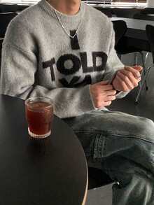 秋冬新款时尚休闲街头字母印花圆领长袖男士毛衣 - 灰色 - 查看 3