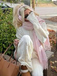 1 件装女士冬季围巾，马尾毛黑色仿羊绒披肩，加厚保暖，女士时尚纯色流苏拉绒围巾，户外女士披肩，连衣裙 - 粉色 - 查看 4