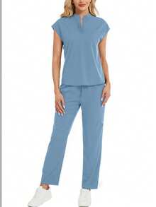 2pcs Set: Allover Print Mandarin Collar Top And Drawstring Pants Loungewear Spring - Light Wash - View 4