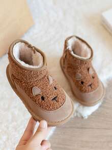 1 双婴儿卡通雪地靴，男女通用保暖厚冬靴，带侧拉链，幼儿学步鞋 - 卡其色 - 查看 3