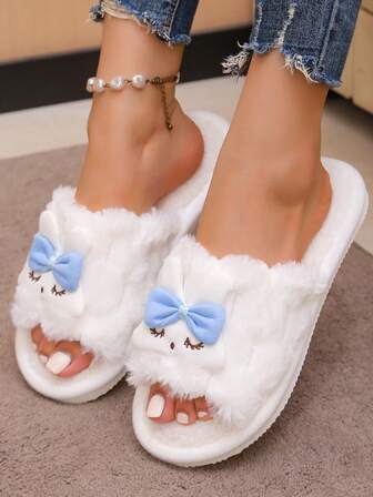 Open Mouth Rabbit Plush Warm Slippers, Women's Indoor House Slippers For Autumn/Winter, Thick Non-Slip Fluffy Slippers Suitable For Outdoor Wear, Students Dormitory,Furry Shoes