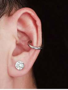 2 件简约 6 爪锆石耳环，不锈钢镶嵌珠宝，夹式耳环，适合男女日常佩戴 - 銀色 - 查看 2