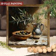 1pc 2D Flat , Country Olive Kitchen Still Life Wooden Sign, 8x8inch Frame Country Pottery Art - Floral Plant Decorative Wall Art Poster, Suitable For Home Office, Farmhouse Decoration, Ideal Housewarming Gift For Family And Friends, Farmhouse Wall Art |   Country Decor |   Natural Wood Surface, Olive Decoration - 彩色 - 查看 7