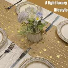 1pc Champagne Color Striped Gold Star 11*108 Inch Party Table Runner, Suitable For Wedding, Party, Banquet, Event, Daily Use, DIY, Christmas - Multicolor - View 6