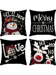 4pcs Christmas Happy "Let It Snow" Heart Snowman Black Pillow Case, Christmas Tree Holiday Decorative Cushion Cover Set, Without Pillow Insert - Black - View 8