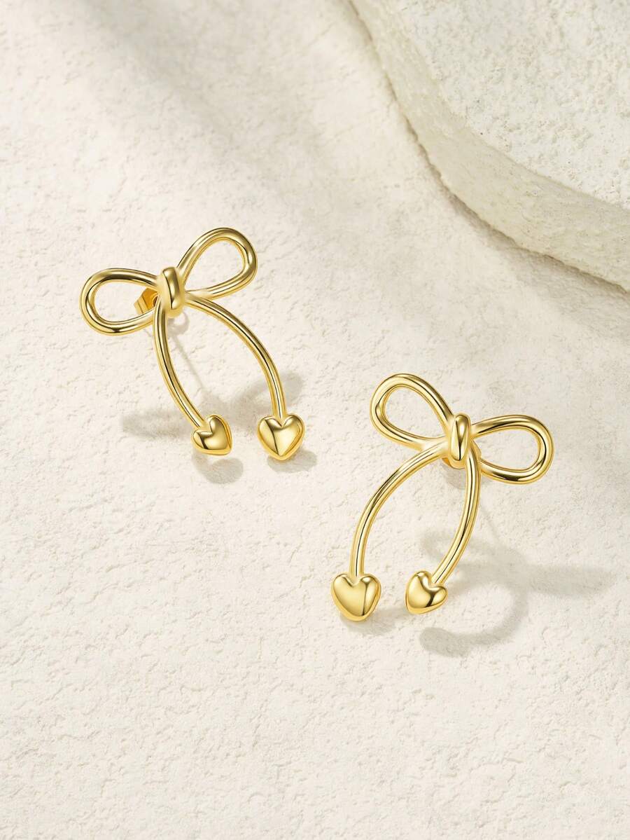 1 Pair Fashionable Stainless Steel Bowknot Earrings, Gold Plated Minimalist Women's Accessory, Suitable For Daily Wear And Gift